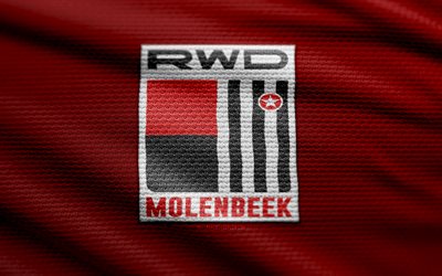 rwd molenbeek 패브릭 로고, 4k, 빨간색 직물 배경, 도전자 프로 리그, 보케, 축구, rwd molenbeek 로고, rwd molenbeek emblem, rwd molenbeek, 벨기에 축구 클럽, molenbeek fc