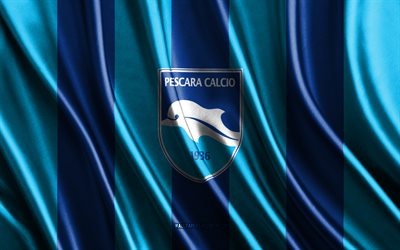 4k, logo delfino pescara, serie b, texture di seta blu, bandiera delfino pescara, club di calcio italiano, calcio, bandiera di seta, emblema di delfino pescara, italia, distintivo di delfino pescara, delfino pescara