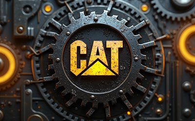 4k, caterpillar metal logo, ボケ, メタルギア, アートワーク, 金属の背景, caterpillar 3dロゴ, クリエイティブ, 猫, caterpillarロゴ, メーカーブランド, キャタピラー, 猫のロゴ