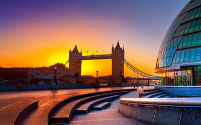Tower Bridge, 4k, sunset, cityscapes, summer, London, England, UK, London landmarks, London cityscape