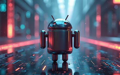 android 3d  logo, 4k, android  teräsrobotti, hi tech tausta, android  logo, android  tunnus, android 3d  robotti, androidi