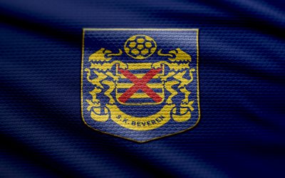 SK Beveren fabric logo, 4k, blue fabric background, Challenger Pro League, bokeh, soccer, SK Beveren logo, football, SK Beveren emblem, SK Beveren, belgian football club, Beveren FC