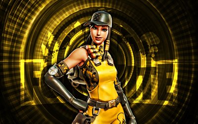 marginado fortnite, 4k, fondo espiral amarillo, fortnita, creativo, piel marginada, skin outcast de fortnite, paria, personajes de fortnite