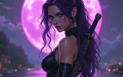 4k, psylocke, ボケ, 夜, スーパーヒーロー, マーベルコミック, エリザベス・ブラドック, パープルムーン, 剣, アートワーク, ベッツィーブラドック, psylocke 4k