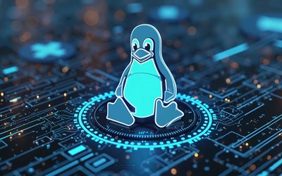 logo linux 3d, 4k, arrière plan de haute technologie, logo linux, logo blue neon linux, contexte technologique, emblème linux, linux pinvin, art créatif, linux