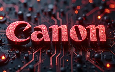 キヤノンレッドグリッターロゴ, 4k, 黒いハイテク背景, マイクロサーキット, 導体, エレクトロニクスブランド, クリエイティブ, マイクロサーキットのキヤノンロゴ, ブランド, キヤノン抽象ロゴ, アートワーク, キヤノンのロゴ, キヤノン