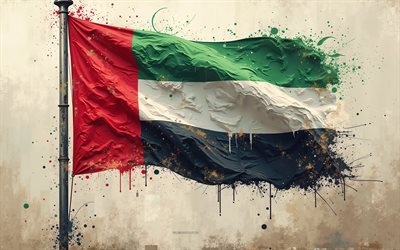 flag degli emirati arabi uniti, 4k, bandiera degli emirati arabi uniti sul bandiera, emirati arabi uniti spruzza la bandiera, grunge art, bandiera degli emirati arabi uniti, emirati