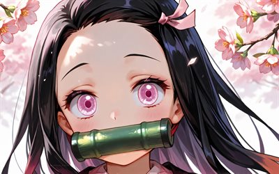 4k, nezuko kamado, avvicinamento, primavera, demon slayer, fiori di ciliegio, protagonista, demon slayer kimetsu no yaiba, kimono, bavaglio di bambù verde, manga, kamado nezuko, demon hunter, nezuko kamado kimetsu no yaiba