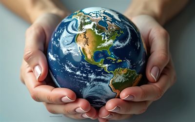 salve a terra, 4k, globo da terra nas mãos, mãos realistas, conceitos de ecologia, cuide da terra, globo nas mãos