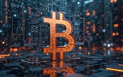 logo bitcoin, arrière plan de haute technologie, signe de bitcoin, crypto monnaie, contexte technologique des finances, bitcoin, art créatif, logo bitcoin 3d