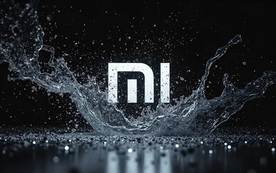 Xiaomi glitter logo, 4k, water splashes, black backgrounds, electronics brands, Xiaomi 3D logo, Xiaomi white logo, creative, Xiaomi logo, brands, Xiaomi