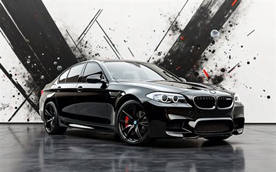 BMW M5, 4k, abstract art, F10, tuning, black white backgrounds, creative, Black BMW M5, BMW M5 F10, german cars, BMW
