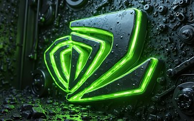 4k, nvidia green neonロゴ, クリエイティブ, ブラックメタルの背景, エレクトロニクスブランド, nvidiaロゴ, ボケ, nvidia 3dロゴ, ブランドロゴ, nvidia neonロゴ, ブランド, nvidia