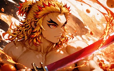 4k, kyojuro rengoku, spada rossa, fiamme di fuoco, kimetsu no yaiba, opera d'arte, samurai, guerriero, manga, protagonista, rengoku kyojuro, demon slayer corps, demon slayer, kyojuro regoku kimetsu no yaiba