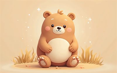 4k, oso de dibujos animados, mínimo, animales lindos, fondos marrones, animales 3d de dibujos animados, llevar minimalismo, oso, bears 3d, beares de dibujos animados