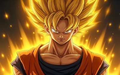 4k, Golden Goku, yellow fire flames, Dragon Ball Super, abstract art, manga, DBZ, Goku SSJ3, Golden Goku Dragon Ball, Goku Super Saiyan 3, DBS, Son Goku