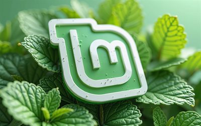 4k, linux mint 3d  logo, 3d vihreä minttulehdet, linux minttumerkki, minttu lähtee, linux mint  logo, linux  minttu, luova taide, linux