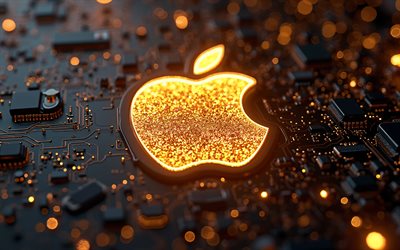 アップルイエローグリッターロゴ, 4k, 黒いハイテク背景, マイクロサーキット, 導体, エレクトロニクスブランド, クリエイティブ, マイクロサーキットのアップルロゴ, ブランド, apple abstract logo, アートワーク, アップルロゴ, りんご