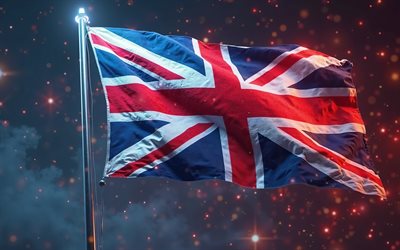 4k, großbritannienflagge auf fahnenmast, digitale kunst, flagge von großbritannien, flagge der vereinigten königreich, britische flagge, vereinigtes königreich, stoffwellen großbritannien flagge, großbritannien, 3d  flagge großbritanniens, uk flagge, union jack