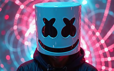 4k, dj marshmello, 閉じる, カラフルなネオンライト, 音楽スター, クリストファー・コムストック, marshmelloマスク, 人気のある歌手, アメリカのdj, スーパースター, マシュメロ, ボケ, dj, marshmello 4k