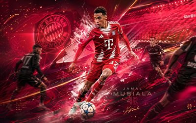 Jamal Musiala, FC Bayern Munich, fan art, red abstract digital background, Jamal Musiala FC Bayern Munich, creative art, FC Bayern Munich logo, Jamal Musiala Bayern Munich, football, Bayern Munich