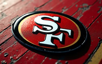 San Francisco 49ers wooden logo, 4k, red wooden background, metal art, San Francisco 49ers emblem, USA, San Francisco 49ers, American football, San Francisco 49ers logo, NFL