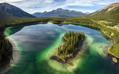 Good Hope Lake, aerial view, emerald lake, forest, mountain lake, mountain landscape, British Columbia, Canada