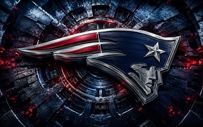 New England Patriots metal logo, 4k, blue red metal background, NFL, american football, New England Patriots logo, New England Patriots emblem, american football team, New England Patriots