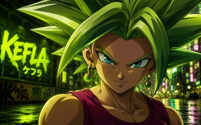 4k, Kefla Dragon Ball, green neon signs, night, DBS, street, Dragon Ball, Kefla, Kale, Kefla DBS, Dragon Ball Super, DBS characters