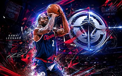 4k, Kawhi Leonard, blue futuristic background, Los Angeles Clippers, NBA, fan art, Los Angeles Clippers logo, Kawhi Leonard 4K, basketball, creative, Kawhi Leonard Los Angeles Clippers, Kawhi Leonard Art