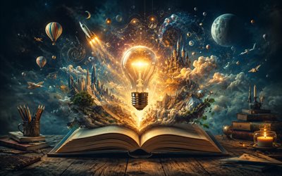 idea concepts, 4k, book, lightbulb, dark futuristic background, surrealism, burning light bulb, idea search, business concepts, light bulb background, idea