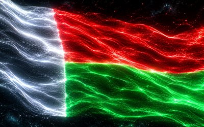 Madagascar glowing flag, 4k, darkness, flag of Madagascar, Day of Madagascar, 3D art, Madagascar flag, Madagascar neon flag, neon waves Madagascar flag, Madagascar 3D flag, Madagascar abstract flag, Madagascar
