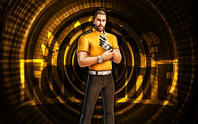 Yellow Bogey Basher Fortnite, 4k, yellow spiral background, Fortnite, creative, Yellow Bogey Basher Skin, Fortnite Yellow Bogey Basher Skin, Yellow Bogey Basher, Fortnite characters