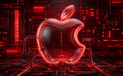 Apple red glass logo, 4k, red 3D background, darkness, wires, electronics brands, Apple glowing logo, creative, Apple logo, brands, Apple 3D logo, Apple