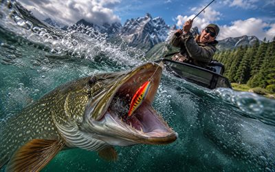 4k, Pike, bubbling water, predatory fish, close-up, fishing, underwater, fisherman on a boat, fishing tackle, pike fishing, lake fishing, summer, recreation, summer fishing, fishing concepts