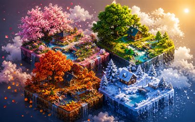 4 seasons, 4k, four seasons concepts, 3D isobmetric art, four seasons, 4 seasons concepts, winter spring summer autumn, 3D art, seasons concepts