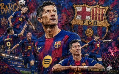 Robert Lewandowski, FC Barcelona, 4K, stone background, FC Barcelona logo, Robert Lewandowski FC Barcelona, mural art, football, Barcelona, Robert Lewandowski Barcelona
