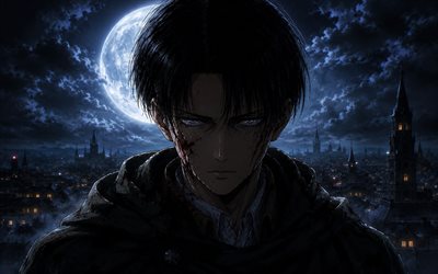 Levi Ackerman, 4k, moon, nightscape, Attack on Titan, twilight, warrior, Rivai Akkaman, Shingeki no Kyojin, clouds, Attack on Titan characters, manga, Levi Ackerman Attack on Titan
