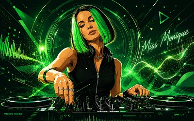 4k, Miss Monique, vector art, green abstract background, Ukrainian DJ, music stars, DJ console, EDM, superstars, Alesia Arkush, Ukrainian celebrity, Miss Moniqueart, popular DJ, Miss Monique 4K