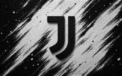 Juventus FC logo, 4k, black and white paint background, Juventus FC, Italian football club, Juventus FC emblem, Serie A, Italy, Juventus logo, Juventus, Juve