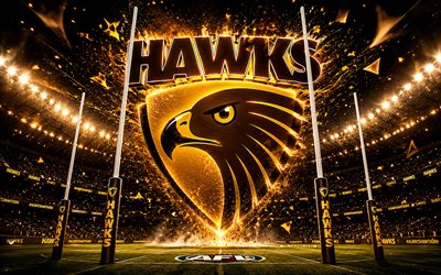 Hawthorn Hawks abstract logo, 4k, stadium, spotlights, AFL, australian football, creative, Australian Football League, Hawthorn Hawks logo, Hawthorn Football Club, australian football team, Hawthorn Hawks