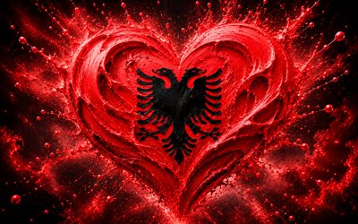 I Love Albania, 4k, red paint splashes, dark space background, Day of Albania, flag of Albania, heart with Albanian flag, heart of paints, 3D hearts, Albanian flag, Albania, Love for Albania