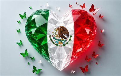 Flag of Mexico, 4k, Mexican flag, I love Mexico, 3d crystal heart, Mexico 3d flag, 3d crystal heart like Mexico flag, North America, Mexico flag, 3d art, Mexico heart flag, Mexico