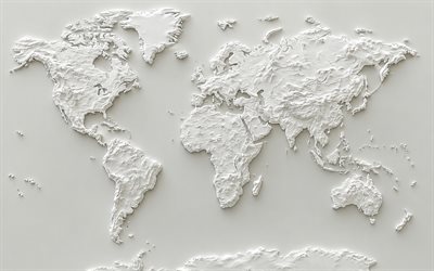 White stone world map, white background, plaster world map, 4K, 3D art, world map concepts, white stone world map