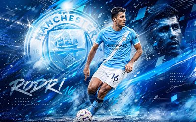 Rodri, Manchester City FC, fan art, blue white abstract background, Rodri Manchester City FC, creative art, Manchester City FC logo, Rodri Manchester City, football, Manchester City, Rodrigo Hernandez Cascante