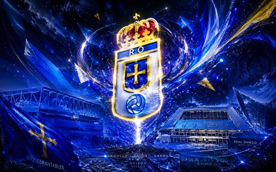 Real Oviedo, 4k, Spanish football club, Real Oviedo logo, football art, blue abstract background, Real Oviedo emblem, La Liga, football, Spain, Oviedo