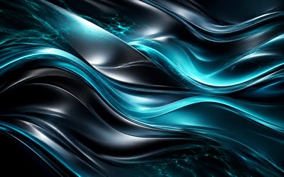 4k, turquoise 3D waves, creative, turquoise futuristic background, dark abstraction, blue 3D curves, abstract wavy background, abstract curves, artwork, abstract waves, turquoise black backgrounds, abstract backgrounds