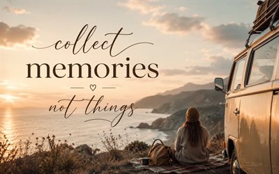 Collect memories not things, camper at sunset, quotes about memories, travel, Collect memories not things concepts, motivation