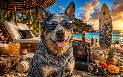 Australian Cattle Dog, 4k, summer, tropical beach, beach accessories, sea, sun lounger, sunglasses, Australian Cattle Dog on beach, dogs, cocktail, cute animals, beach, pets, dog in sunglasses