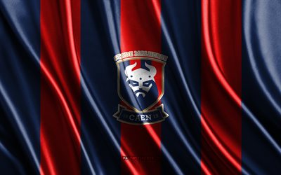 4k, Stade Malherbe Caen logo, Ligue 2, red blue silk texture, Stade Malherbe Caen flag, French football club, silk flag, Stade Malherbe Caen emblem, France, Caen, Stade Malherbe Caen